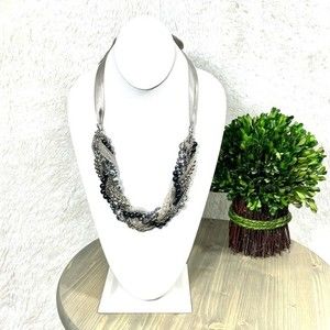 Stella & Dot Pearl & Ribbon Silver Gray Black Braided Statement Babble N…